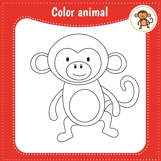 아이들을위한 귀여운 만화 동물 색칠 공부 페이지 아이들을위한 교육 게임 벡터 일러스트 레이션 컬러 원숭이