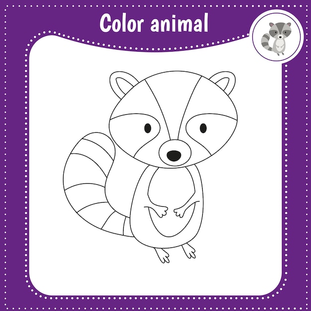 Cute cartoon animal  coloring page for kids Educational Game for Kids Vector illustration Color raccoon