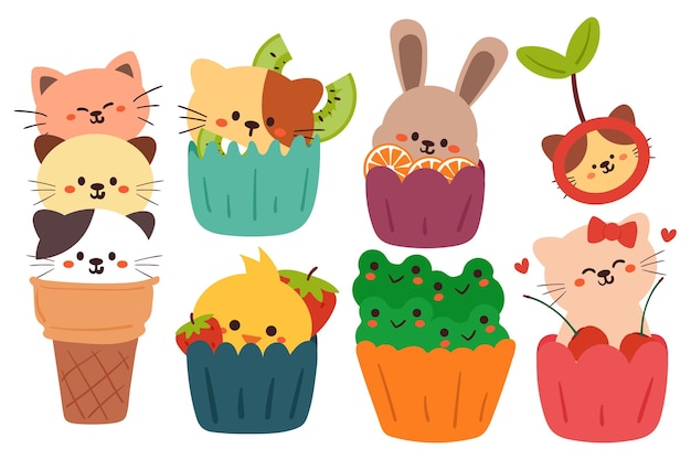 귀여운 만화 동물 컵케익 스티커 세트