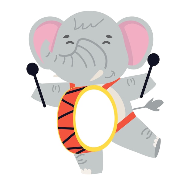 Cute cartoon animal elephant playing the drum