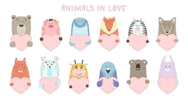 Vettore simpatico cartone animato animale tiene un segno del cuore con copia spazio impostato san valentino biglietto di auguri banner invito volantino brochure cartone animato stile disegnato a mano piccoli animali animali domestici innamorati dichiarazione d'amore