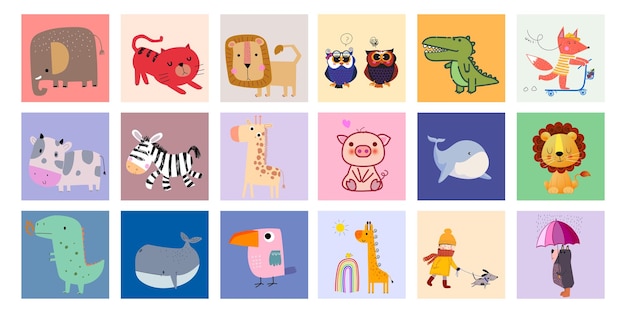 Cute cartoon animal icon character hand drawn vector illustration set Wild domestic pet animal