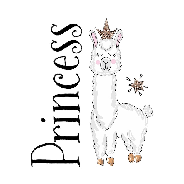 Vector cute cartoon animal lama and inscription princess