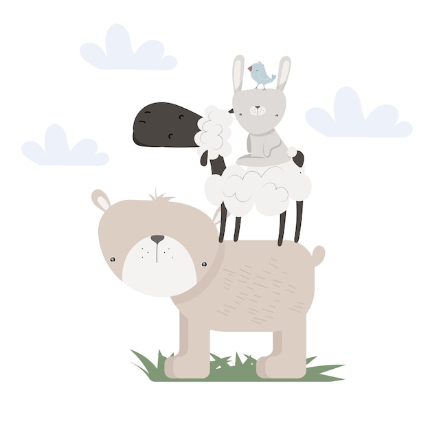 Cute cartoon animal pyramid with bear sheep bunny and bird Flat style Design for kids Vector