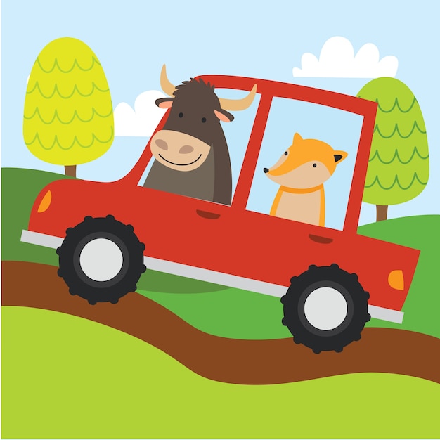 Cute cartoon animal in transportation card