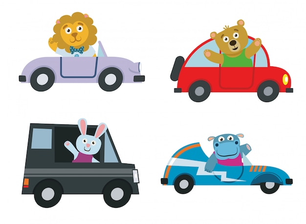 Vector cute cartoon animals in car pack