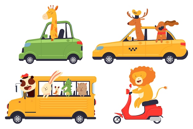 Симпатичные мультяшные водители животных в автомобиле, школьном автобусе, скутере и такси, изолированные на белом фоне.