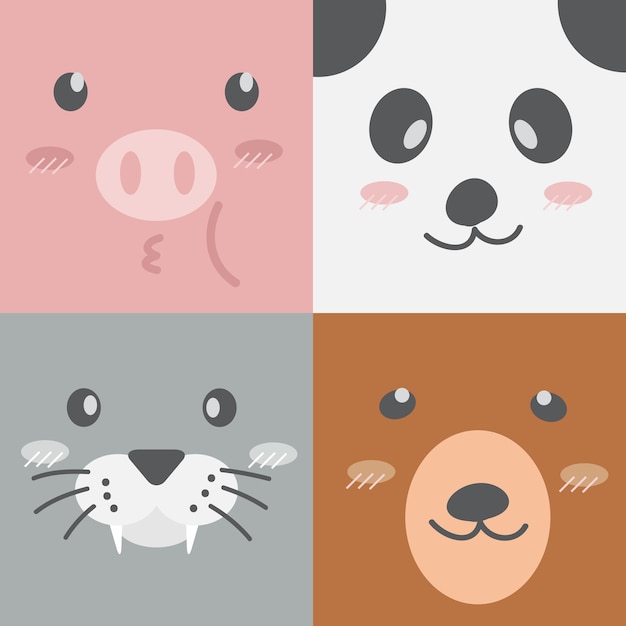 Cute cartoon animals faces collection square design style wallpaper