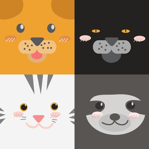 Vector cute cartoon animals faces collection square design style wallpaper