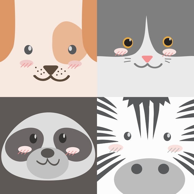 Vector cute cartoon animals faces collection