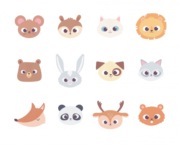 Vector cute cartoon animals faces wild domestic pet collection icons