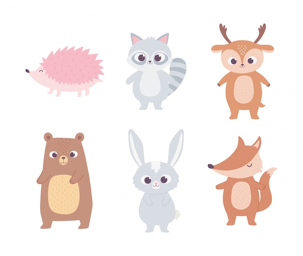 かわいい漫画の動物の小さなクマタヌキ鹿ウサギフォックスとハリネズミ