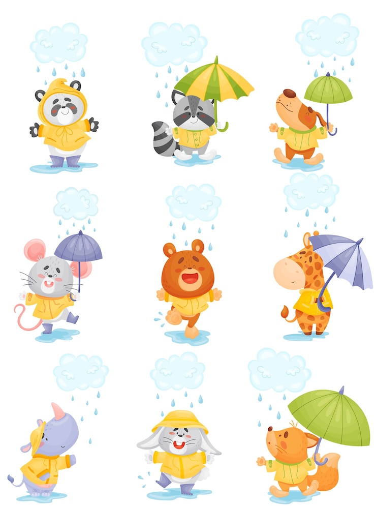 Vector レインコートを着たかわいい漫画の動物が雨の中を歩く