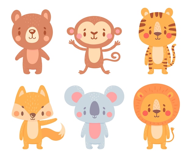 Cute cartoon animals Wild adorable characters with smiling faces Cartoon cute bear monkey tiger fox koala and lion