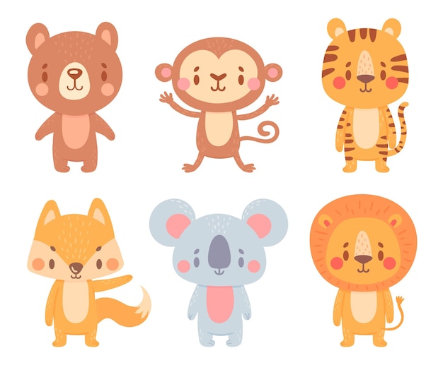 Cute cartoon animals wild adorable characters with smiling\
faces cartoon cute bear monkey tiger fox koala and lion