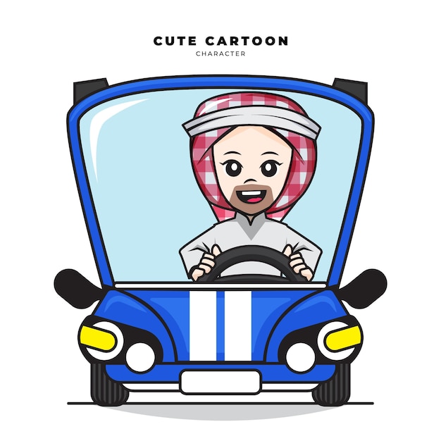 Vector cute cartoon of arab muslim male driving blue car