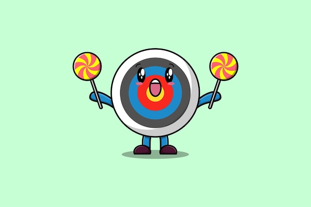 Cute cartoon Archery target character holding lollipop candy in flat cartoon illustration