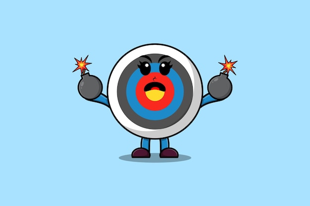 Cute cartoon Archery target holding bomb with scared expression in flat modern style design