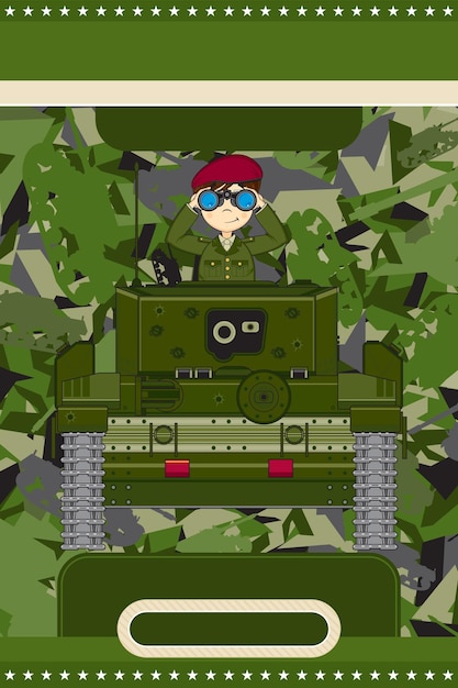 Милый мультяшный армейский солдат с биноклем в военной истории бронированного танка