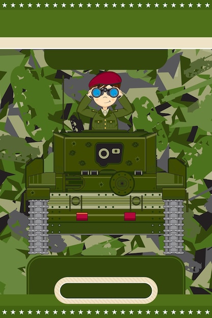 Vector cute cartoon army soldier with binoculars in armoured tank military history illustration