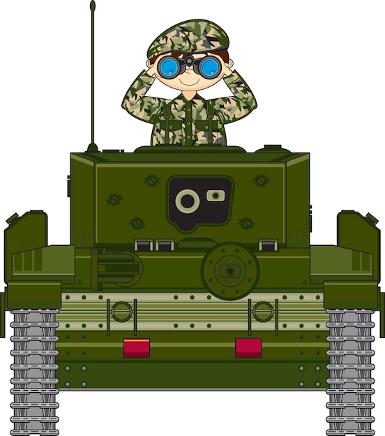 Вектор Милый мультяшный армейский солдат с биноклем в военной истории бронированного танка