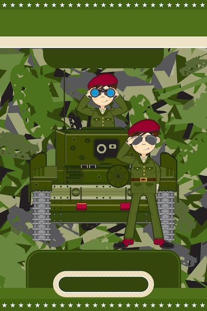 Vector cute cartoon army soldiers and armoured tank military history illustration