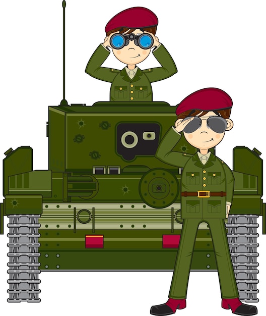 Vector cute cartoon army soldiers and armoured tank military history illustration