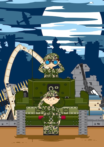 Soldati dell'esercito sveglio del fumetto e illustrazione di storia militare del carro armato corazzato
