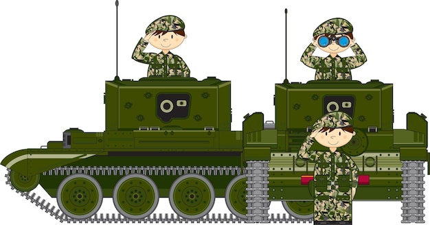 Cute cartoon army soldiers and armoured tanks military history illustration