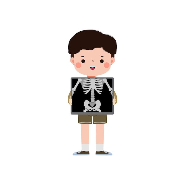 cute cartoon asian kid with xray screen showing internal organs and skeleton