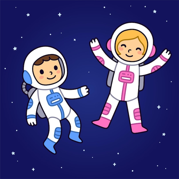 Cute cartoon astronaut boy and girl floating in space