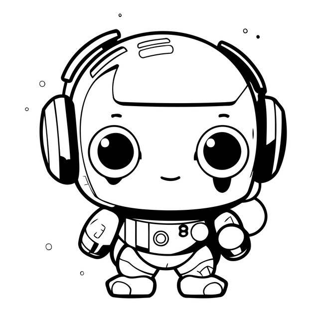 헤드폰과 함께 귀여운 만화 우주 비행자 캐릭터 터 일러스트레이션