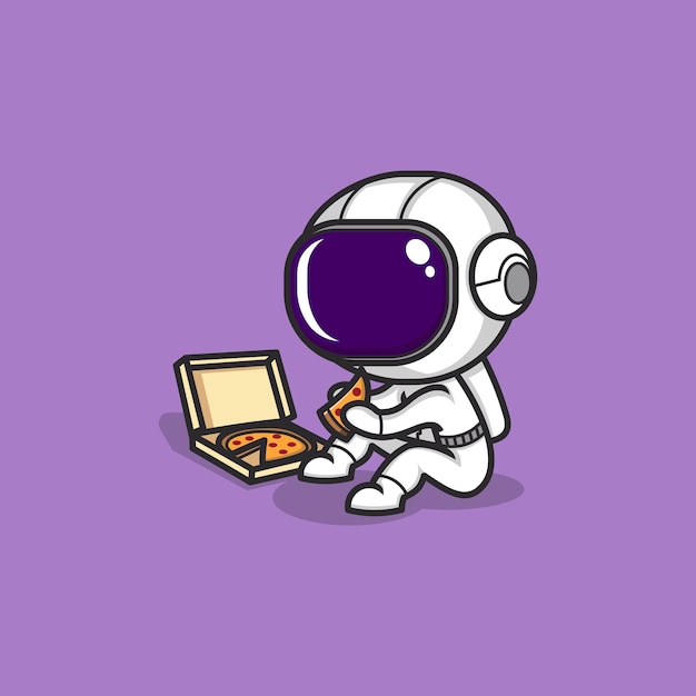 Vector cute cartoon astronaut eating pizza
