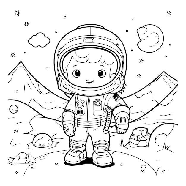 ベクトル カラフルな漫画の宇宙飛行士がスペーススーツを着てカラフルな絵本を描いています