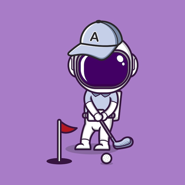 милый мультяшный астронавт играет в гольф