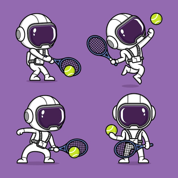 Cute cartoon astronaut playing tennis set collection