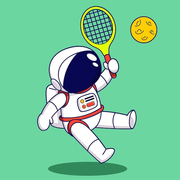 Cute Cartoon Astronaut playing tennis with racket and ball Vector illustration