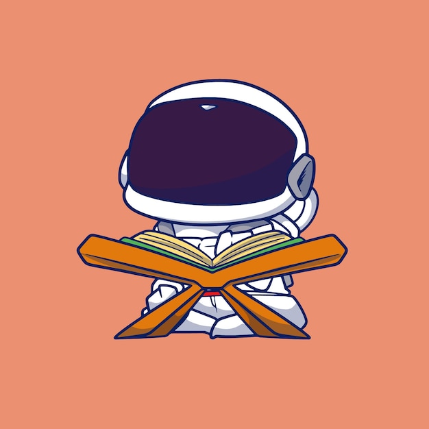 Cute cartoon astronaut sitting and reading the holy book