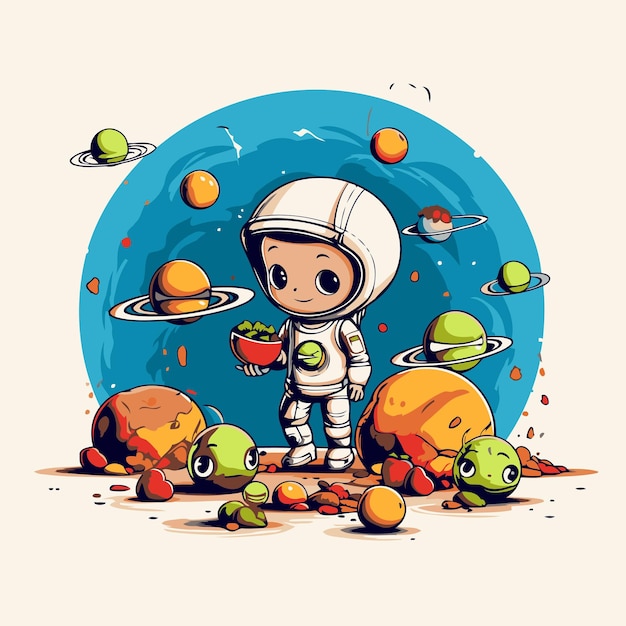 Vector cute cartoon astronaut with bowl of fruits and planets vector illustration