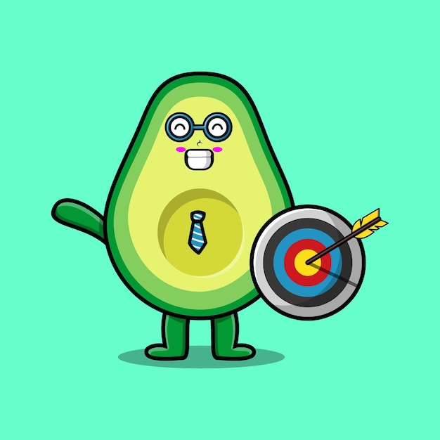 Vector cute cartoon avocado businessman holding target and arrow with happy expression in 3d modern style