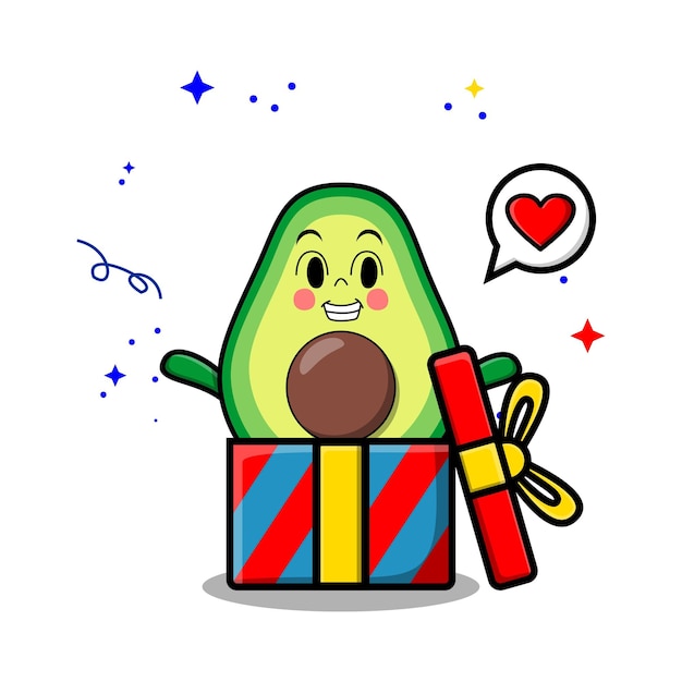 Cute cartoon avocado character coming out from big gift box look so happy in concept 3d cartoon