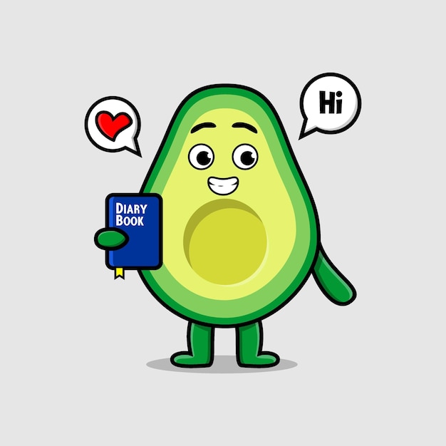 Cute cartoon avocado character holding diary book with happy expression in concept 3d cartoon style