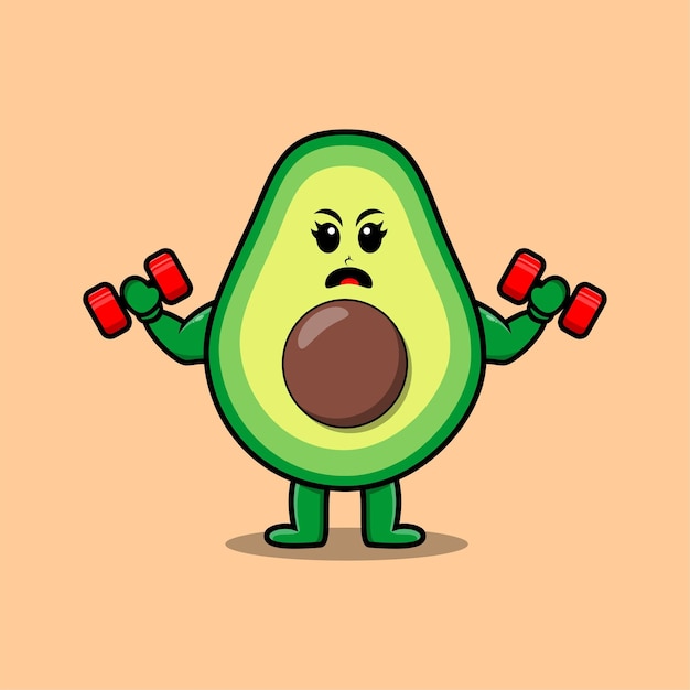 Cute cartoon avocado character is fitness with barbell in modern style design