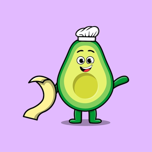 Cute cartoon avocado chef character with menu in hand