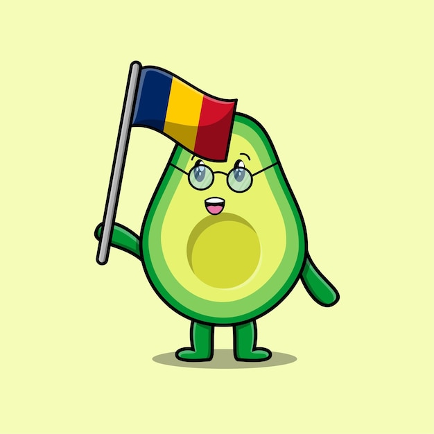 Simpatico cartone animato avocado personaggio mascotte con bandiera del ciad in un design moderno