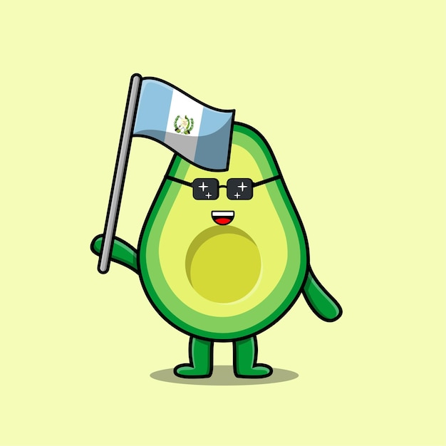 Vettore simpatico cartone animato avocado personaggio mascotte con bandiera del paese del guatemala in un design moderno
