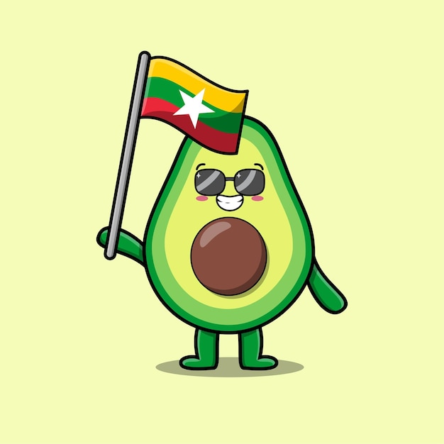 Cute cartoon Avocado mascot character with flag of Myanmar Country in modern design