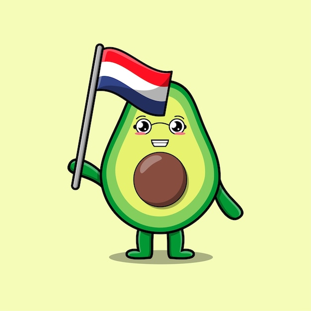 Cute cartoon Avocado mascot character with flag of Netherlands country in modern design