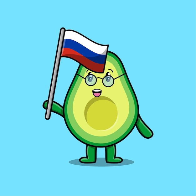 Cute cartoon Avocado mascot character with flag of Russia country in modern design