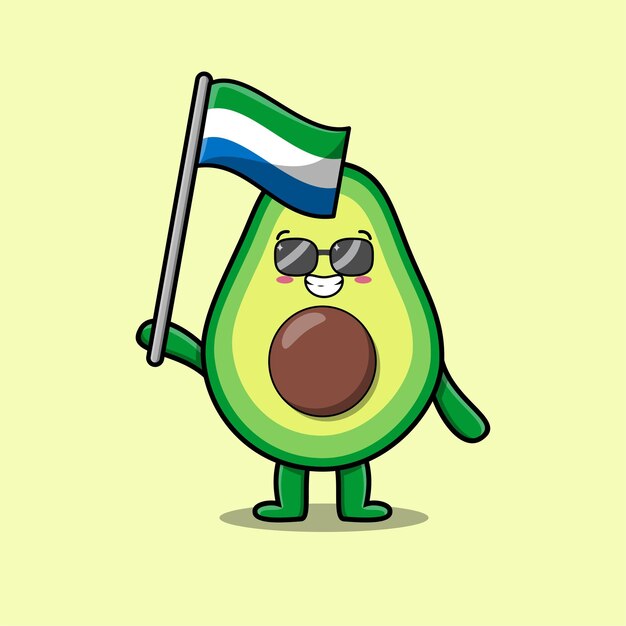 Simpatico cartone animato avocado personaggio mascotte con bandiera della sierra leone country in design moderno